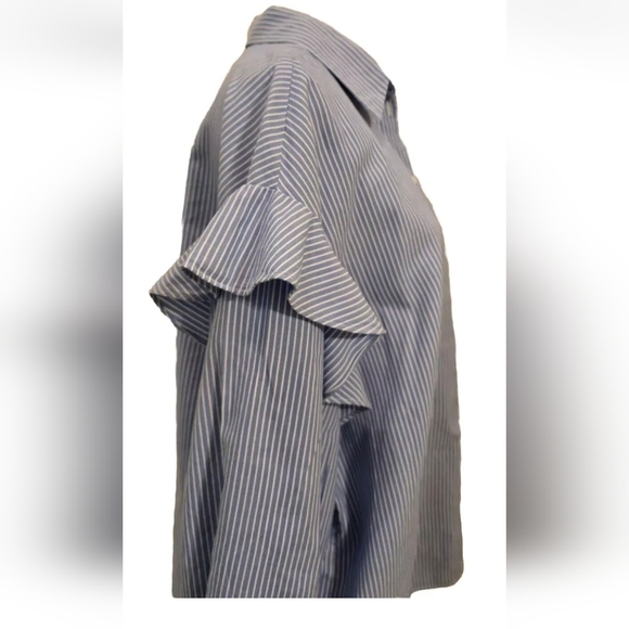 Zara Woman Blue Pinstripe Ruffle Shoulder Frill Button UP Long Sleeve Blouse PL - Picture 8 of 15